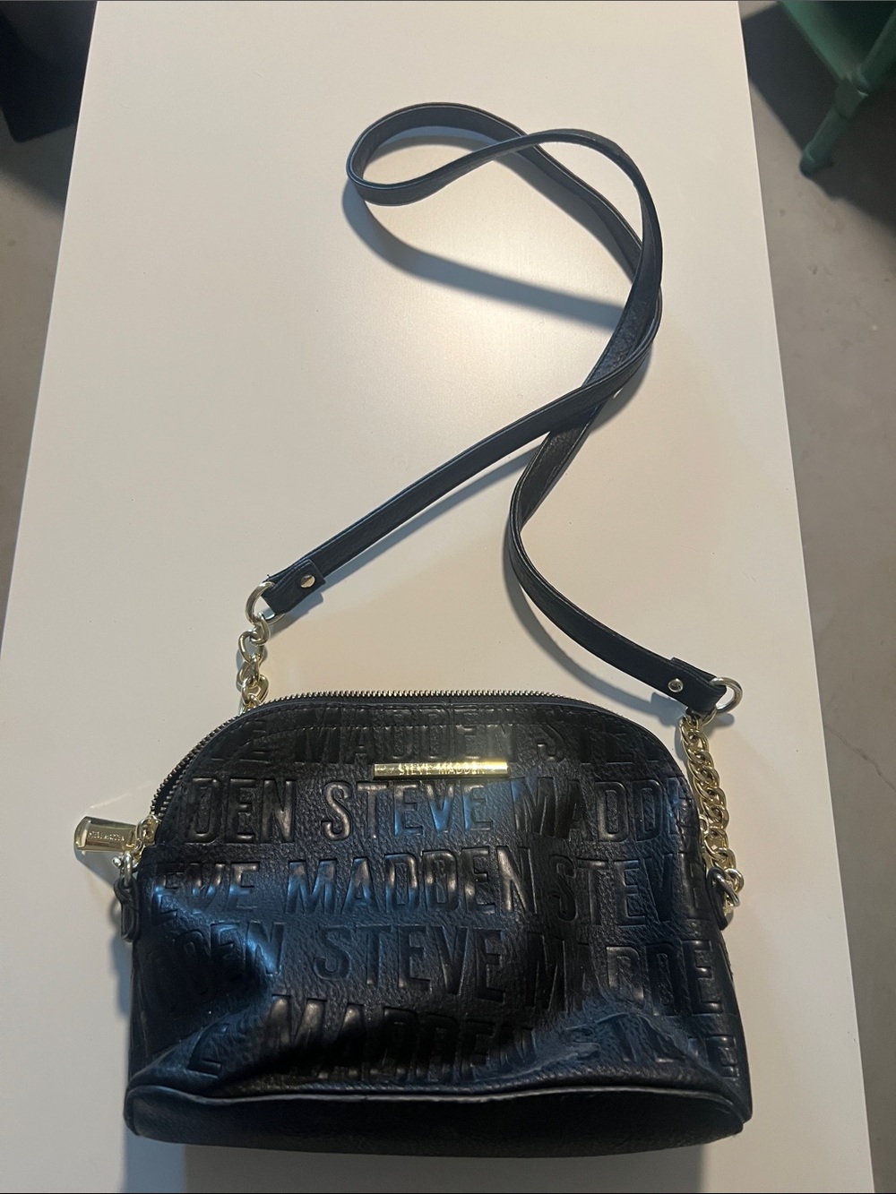 Steve Madden Black Embossed Logo Crossbody with Gold Hardware